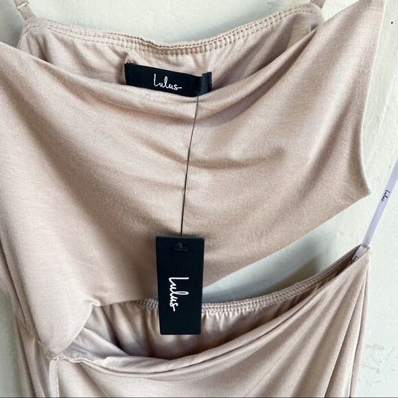 NWT Lulus Hot Take Taupe Asymmetrical Cutout Midi Dress - Picture 7 of 10